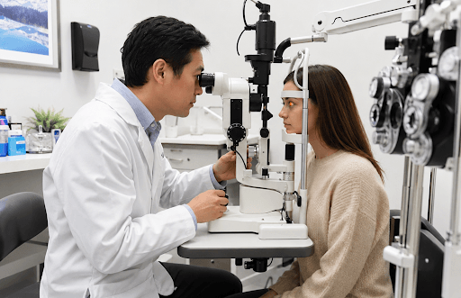 Optometrist performing a slit-lamp eye examination on a female patient in a modern eye clinic.